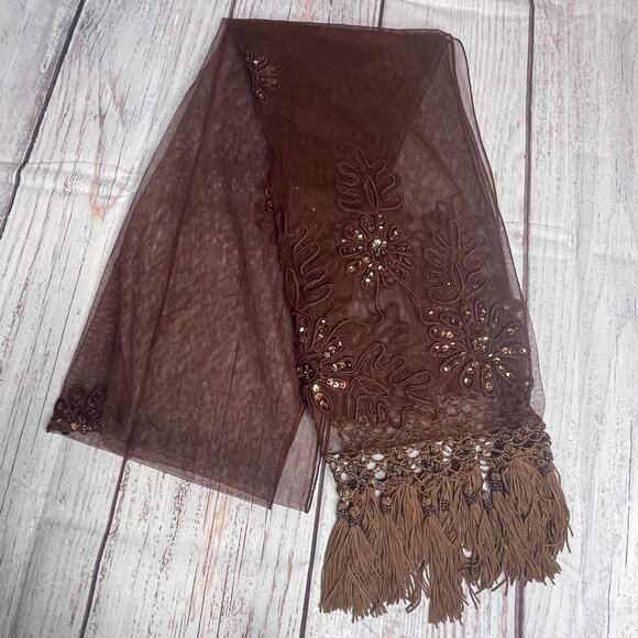 Vintage Rust Lace Mesh Scarf Embroidered Crochet Sequins FairyGrunge Whimsical - Picture 3 of 15